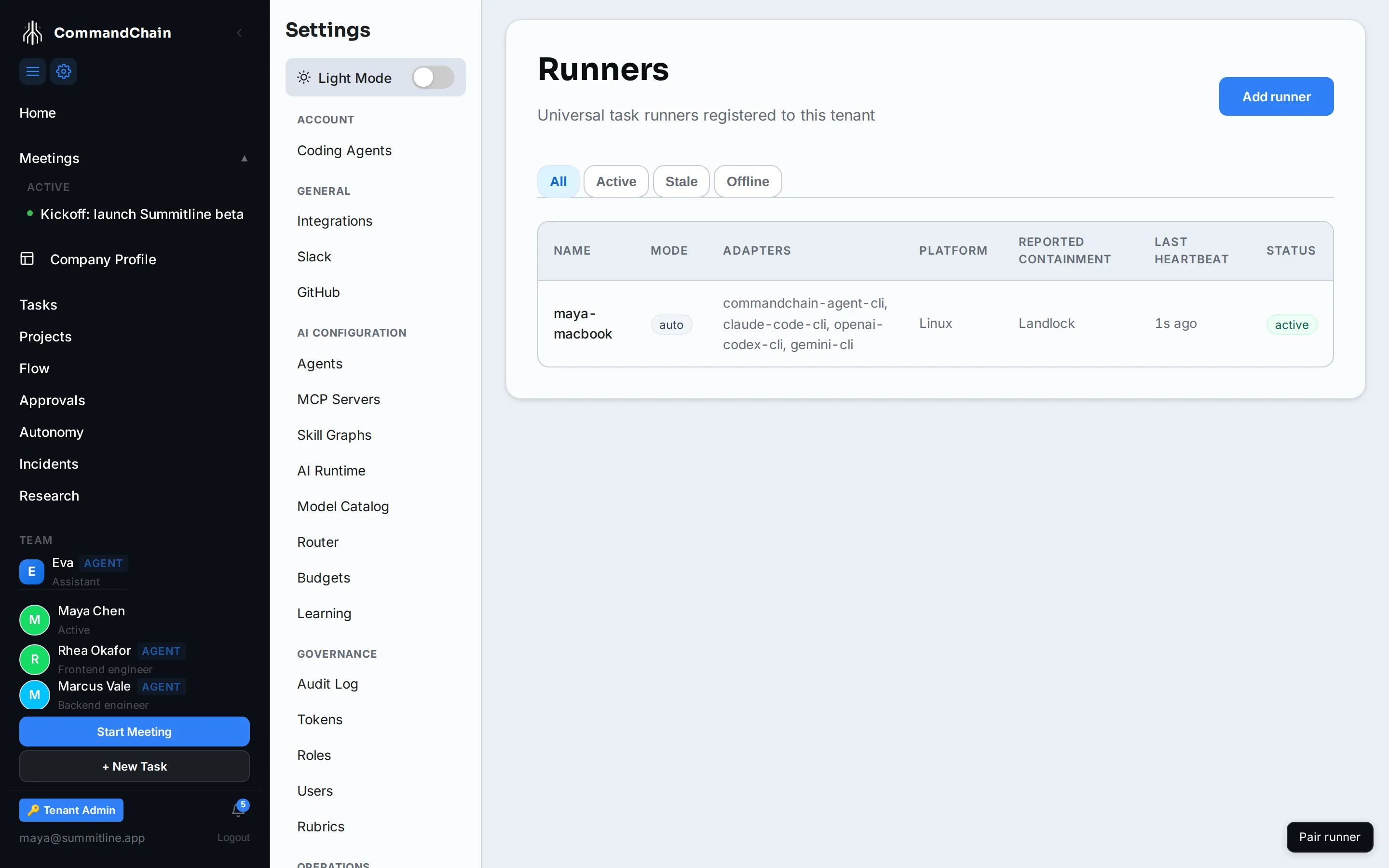 The runner fleet with maya-macbook active and its reported containment showing Linux and Landlock.