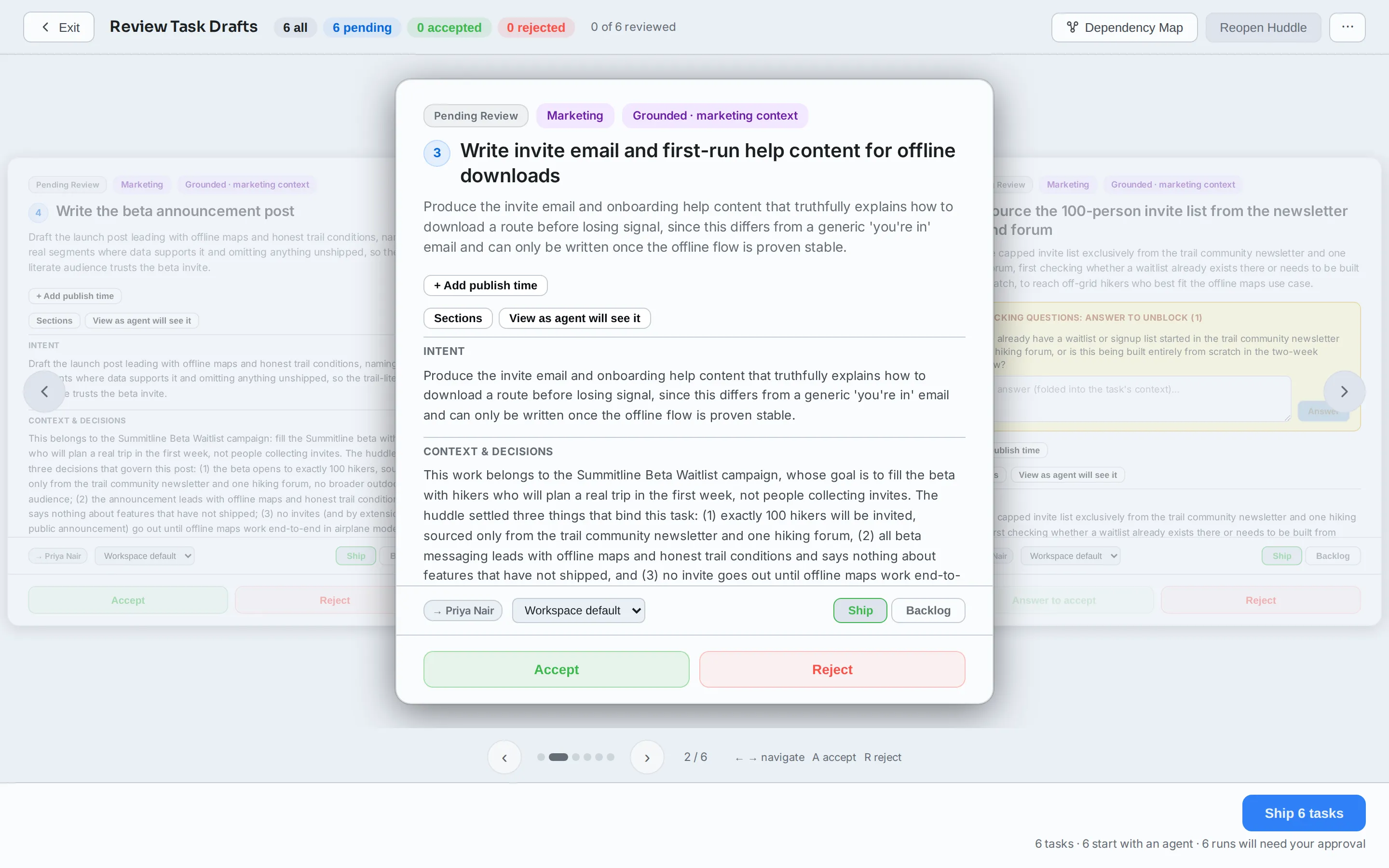 A kickoff draft's footer: the agent it will go to, Ship or Backlog, and the Ship button under it with the line that says what clicking it starts.