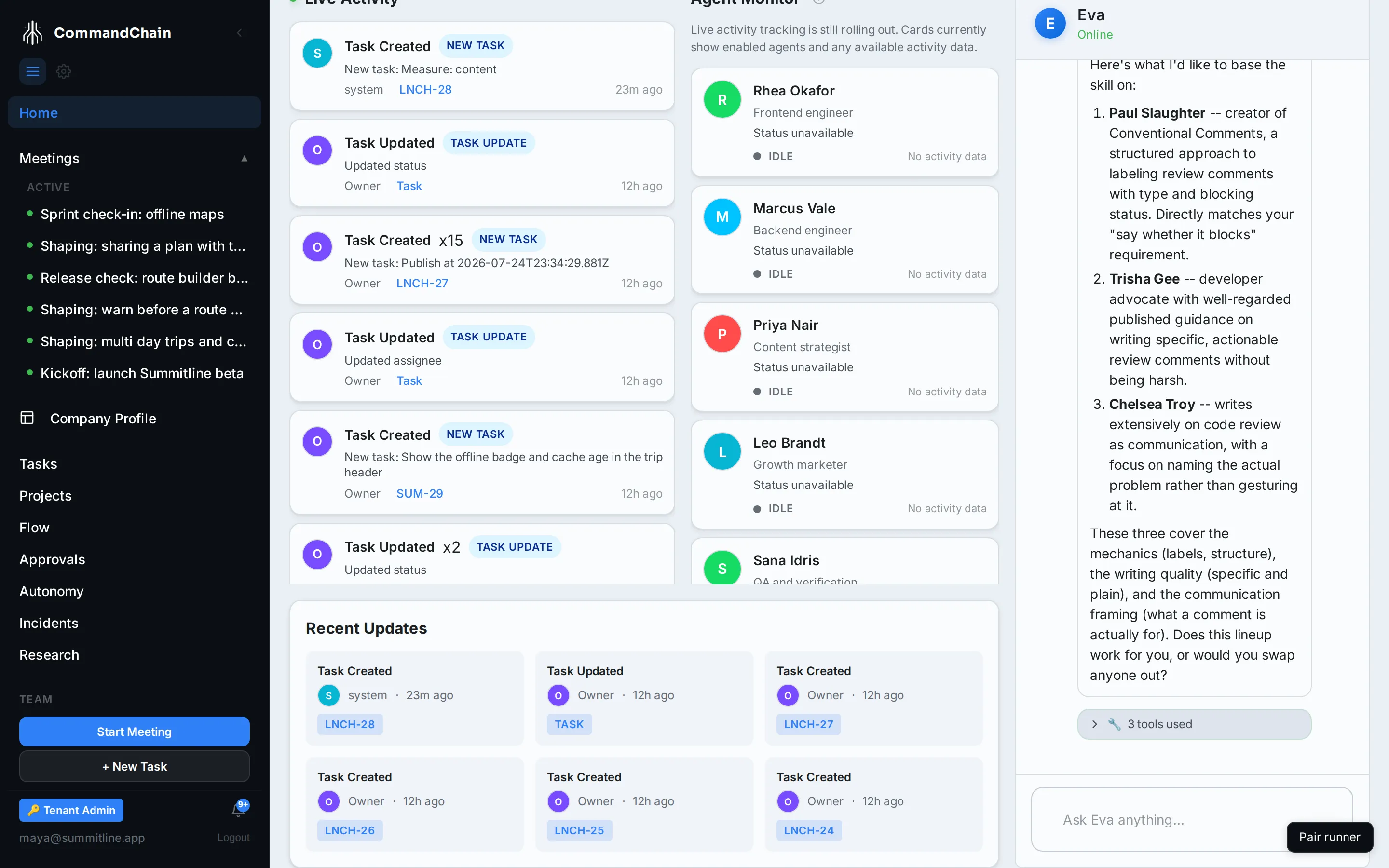 Eva proposing three named experts for a code-review skill, each with a line on what it contributes, and asking whether the lineup is right or anyone should be swapped out.