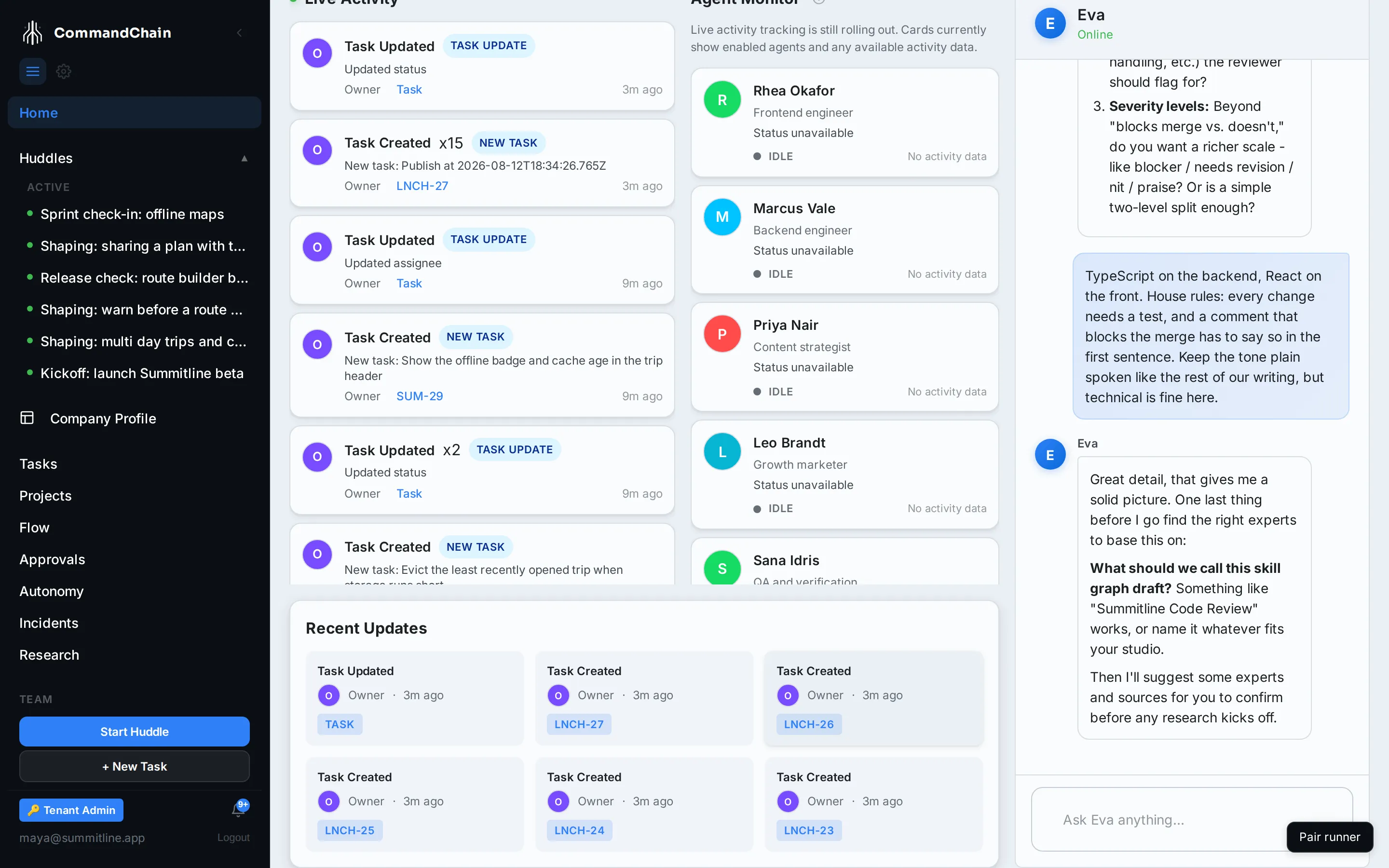 Eva proposing three named experts for a code-review skill, each with a line on what it contributes, and asking whether the lineup is right or anyone should be swapped out.