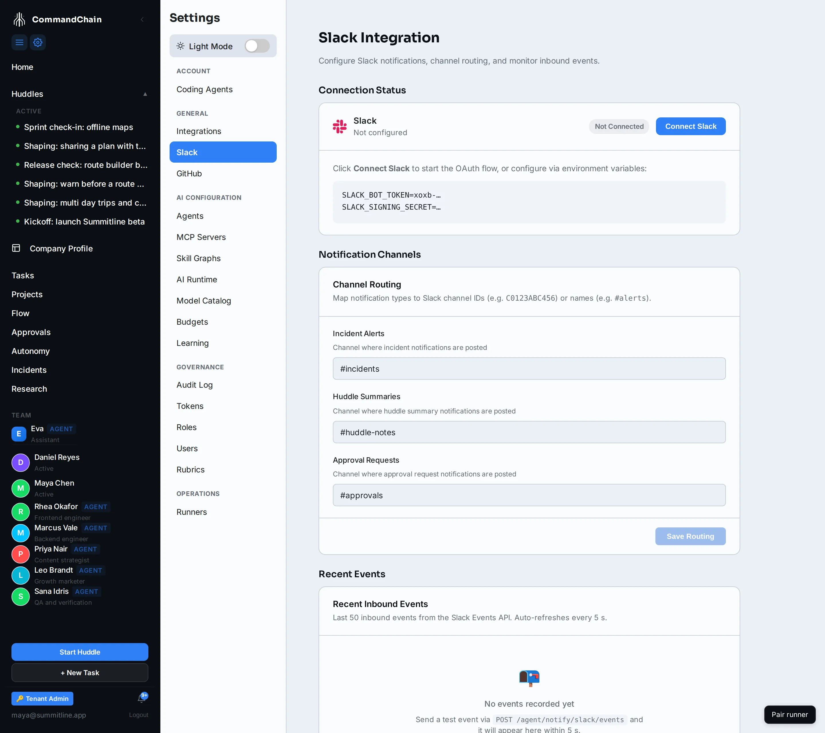 The Slack page with the three notification kinds routed to channels, and the connection not yet configured.