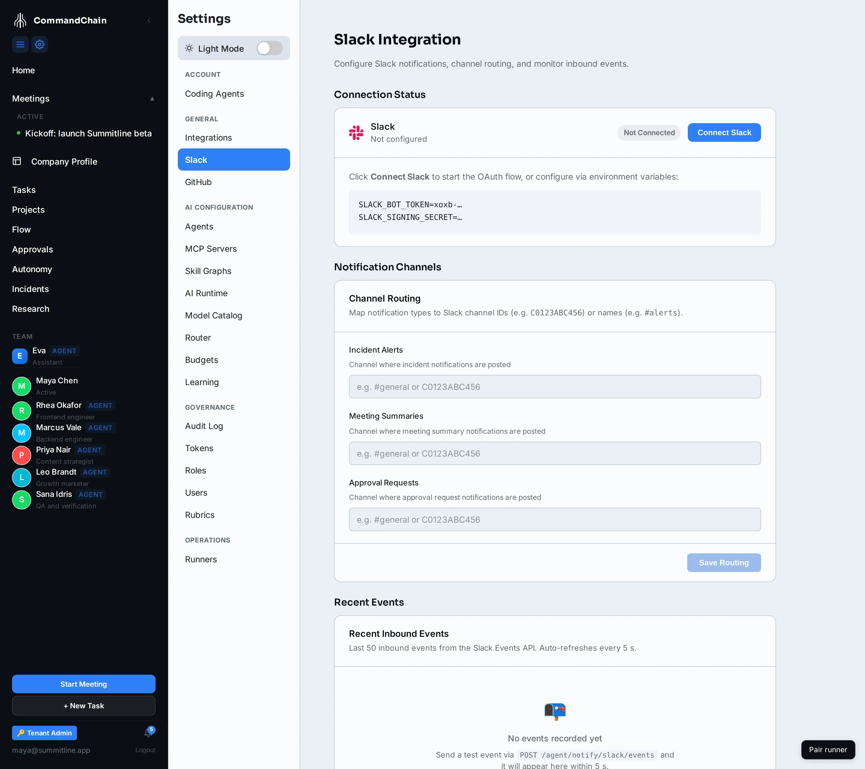 The Slack page with the three notification kinds routed to channels, and the connection not yet configured.