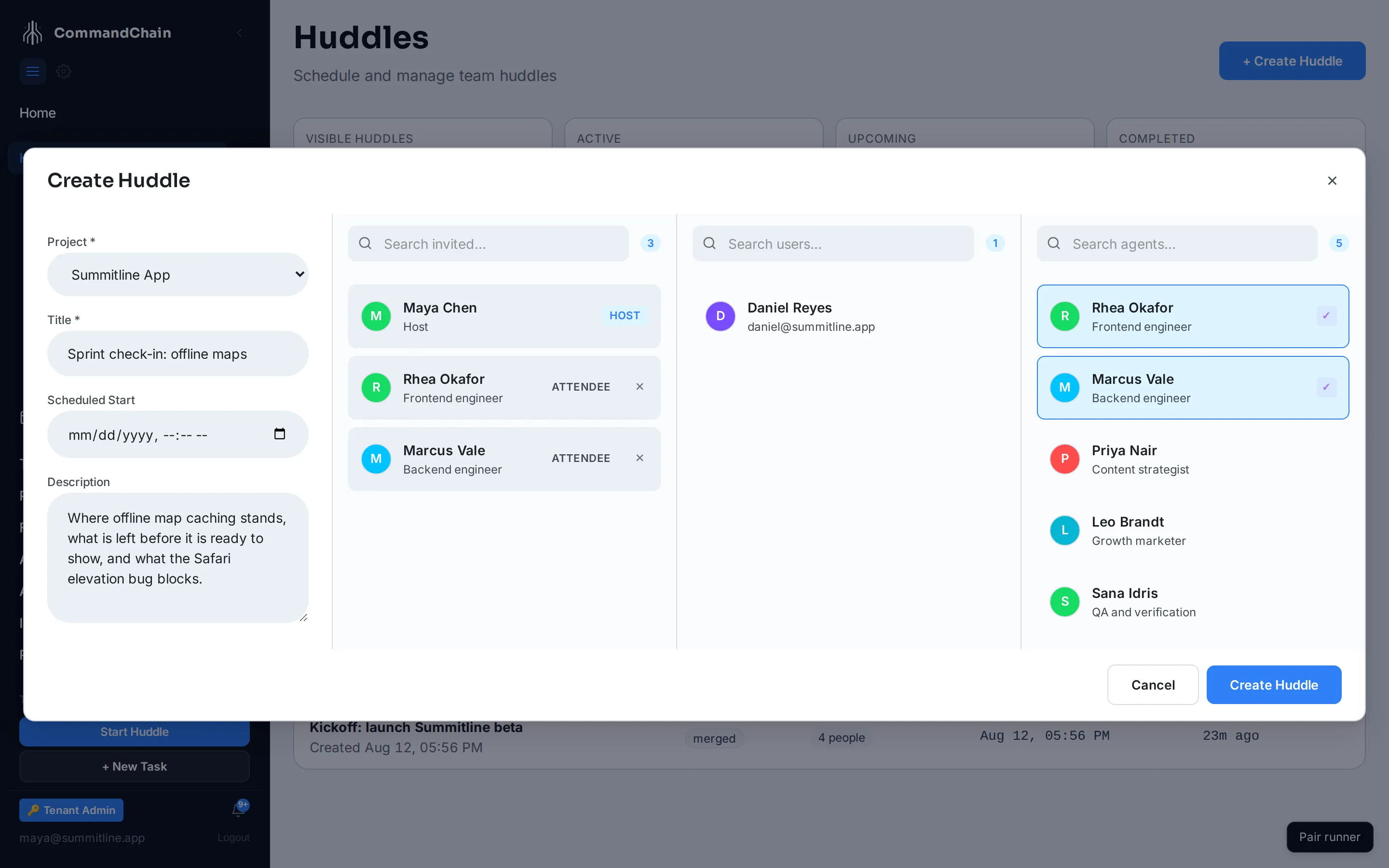 The Create Huddle form: project and title on the left, invited participants and the pickers for people and agents on the right.