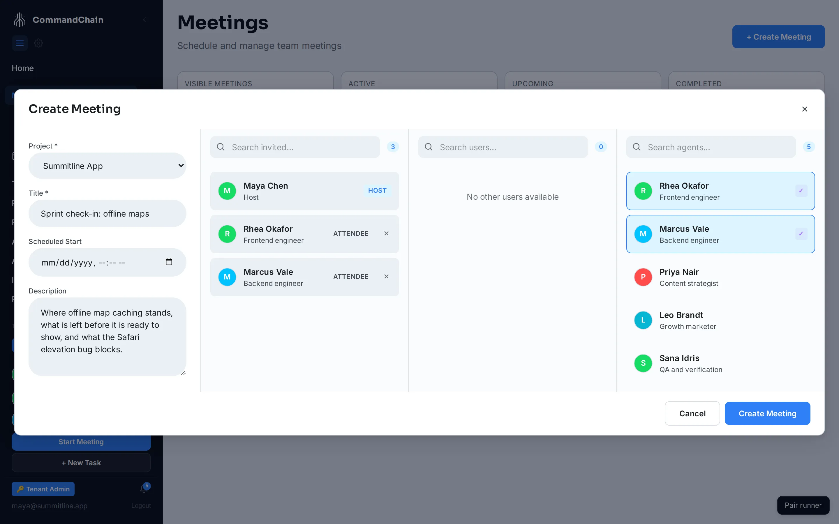 The Create Meeting form: project and title on the left, invited participants and the pickers for people and agents on the right.
