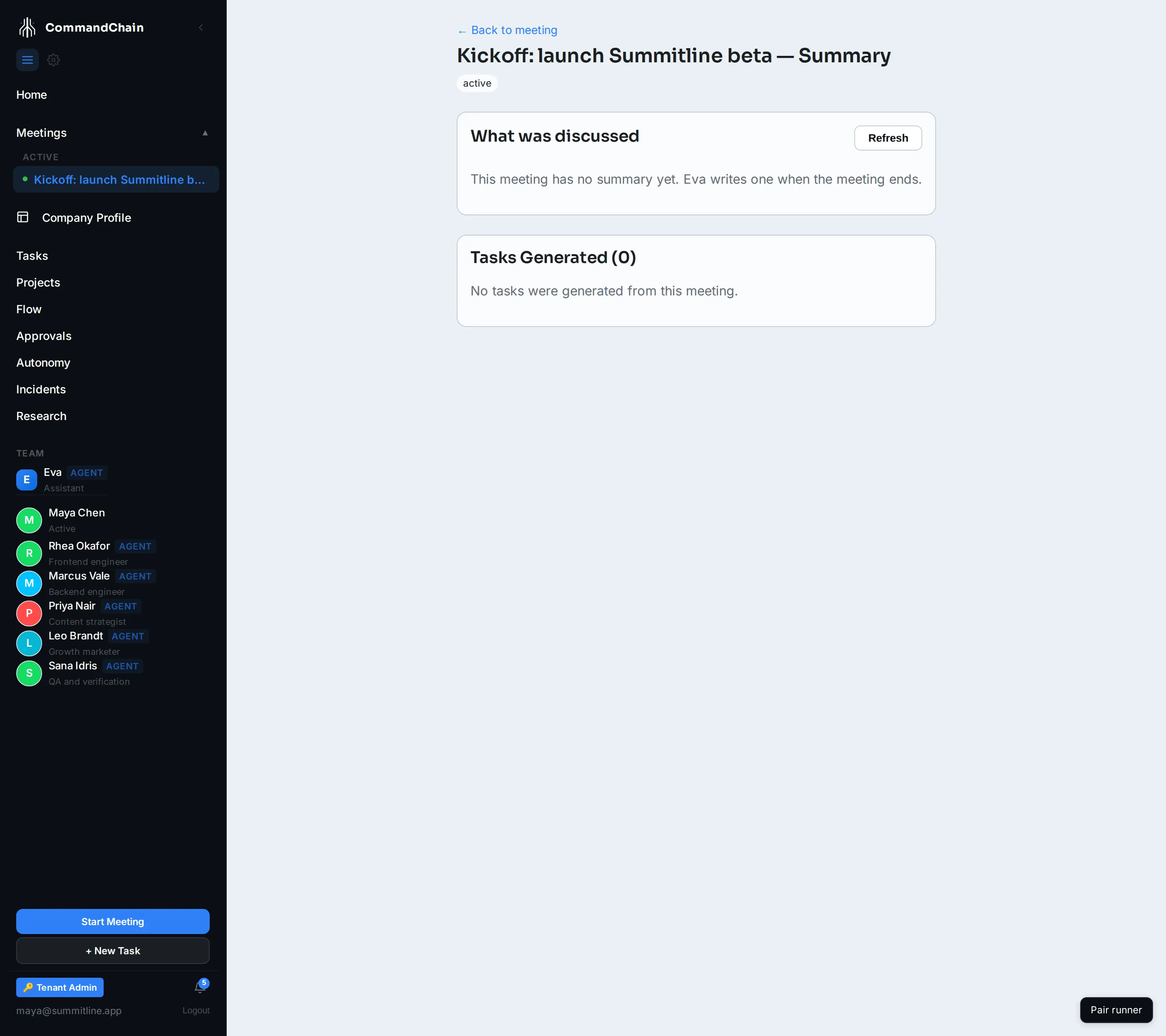 The kickoff meeting's summary page, with the written account above the tasks the meeting generated.