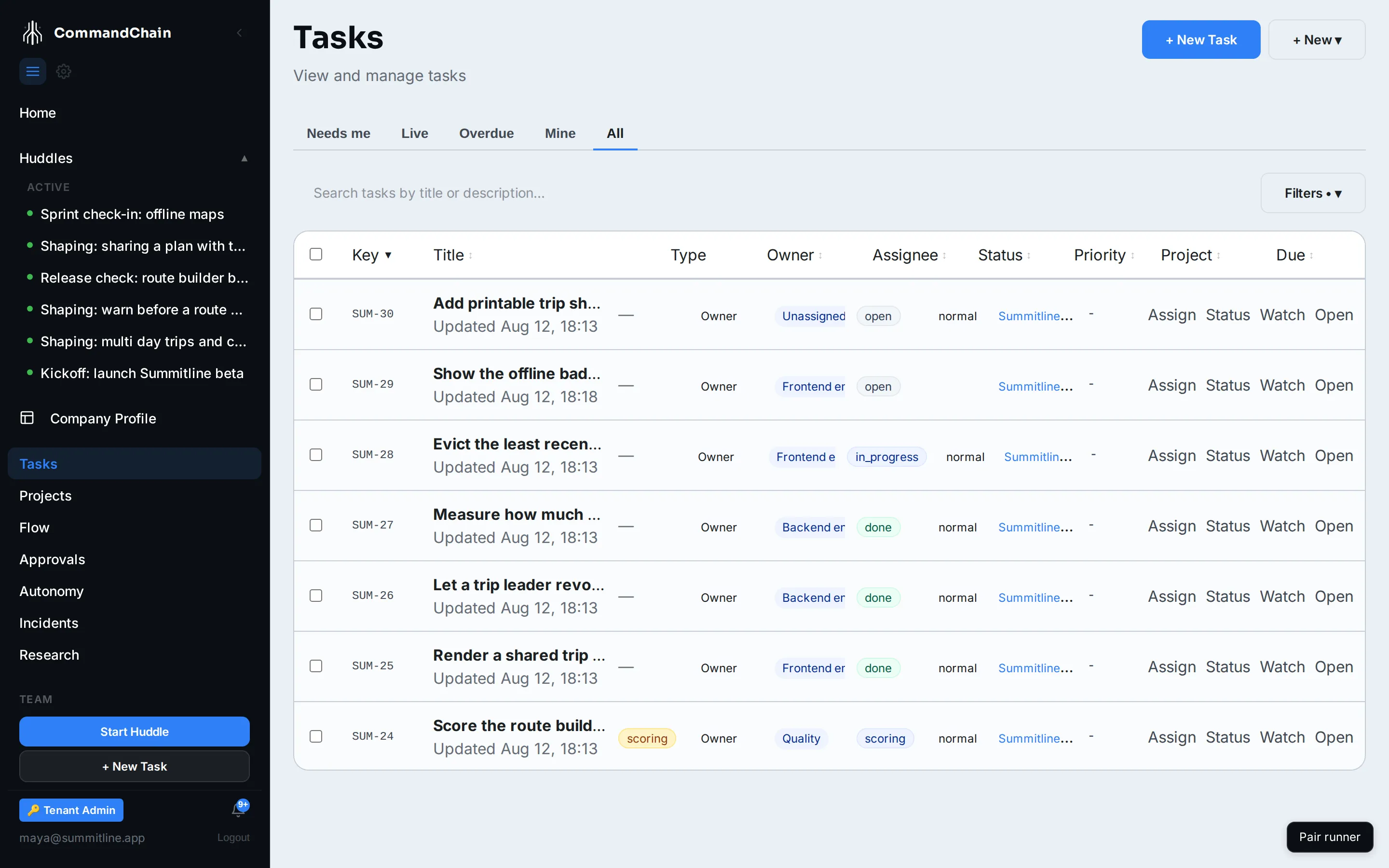The task list filtered to the Summitline App project, showing keys, types, assignees, statuses, and due dates.