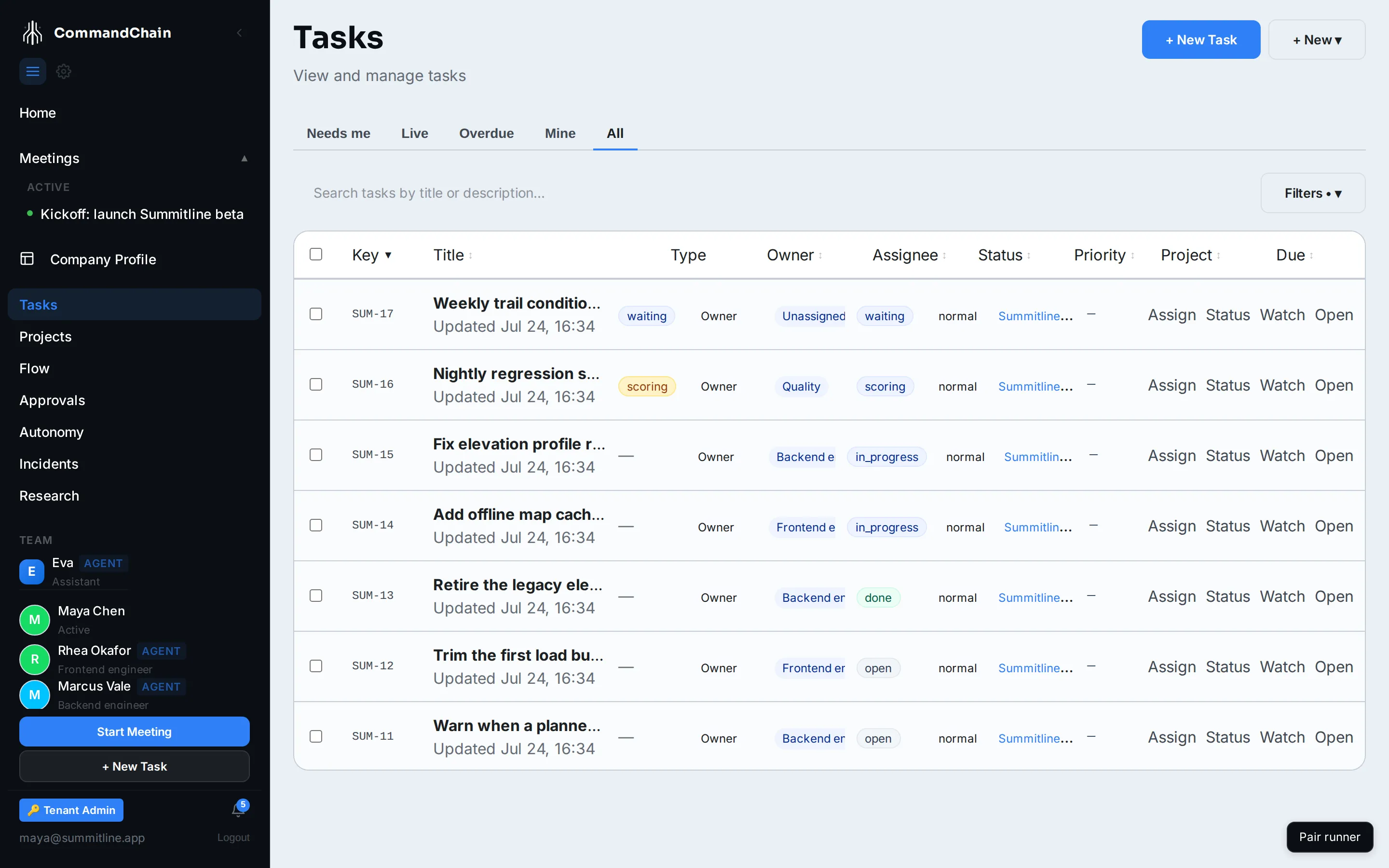 The task list filtered to the Summitline App project, showing keys, types, assignees, statuses, and due dates.