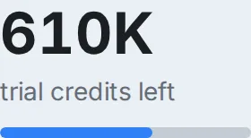 The trial credits meter reading 610K credits left, partway through the trial balance.