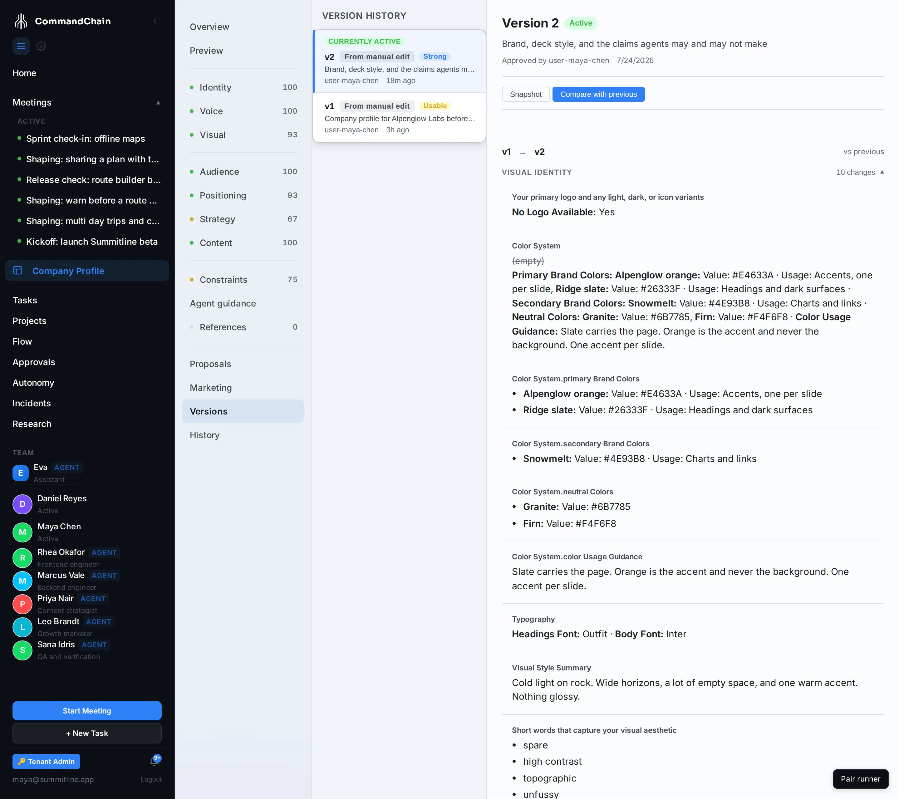 Version 2 against version 1, showing the brand and governance fields added after the profile was first filled in.