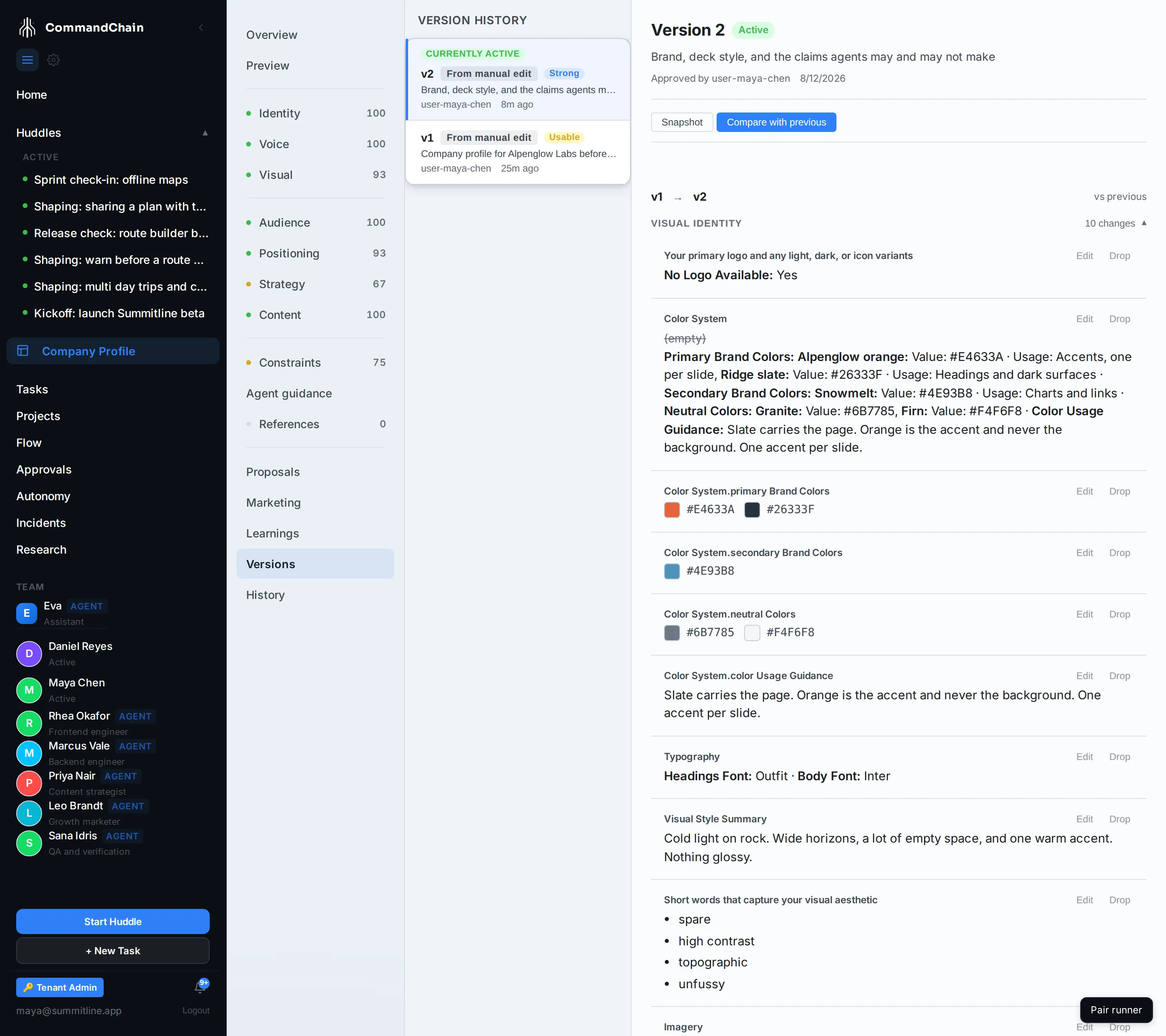 Version 2 against version 1, showing the brand and governance fields added after the profile was first filled in.
