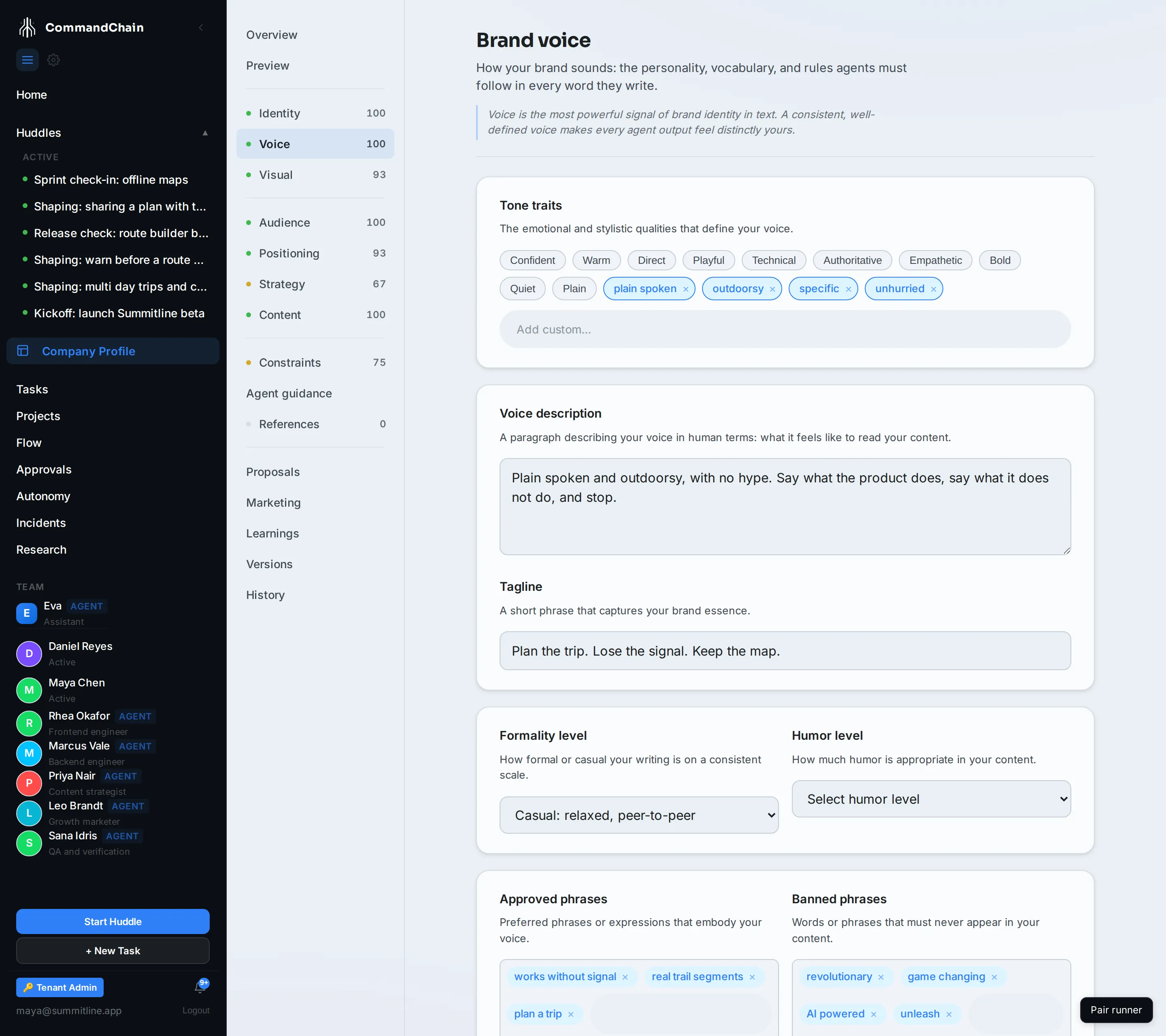 The Voice tab with Alpenglow's voice description and phrase lists.