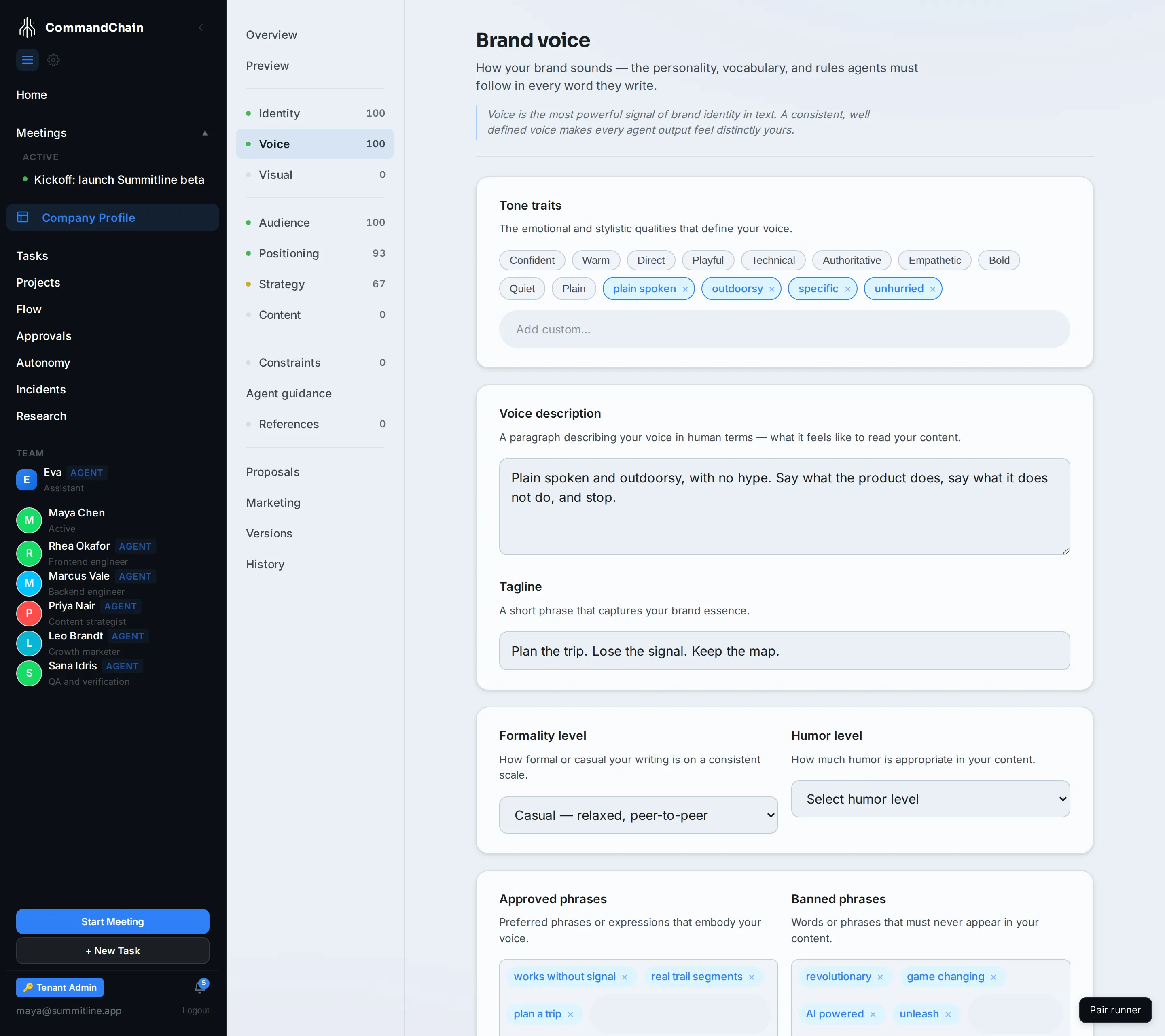 The Voice tab with Alpenglow's voice description and phrase lists.