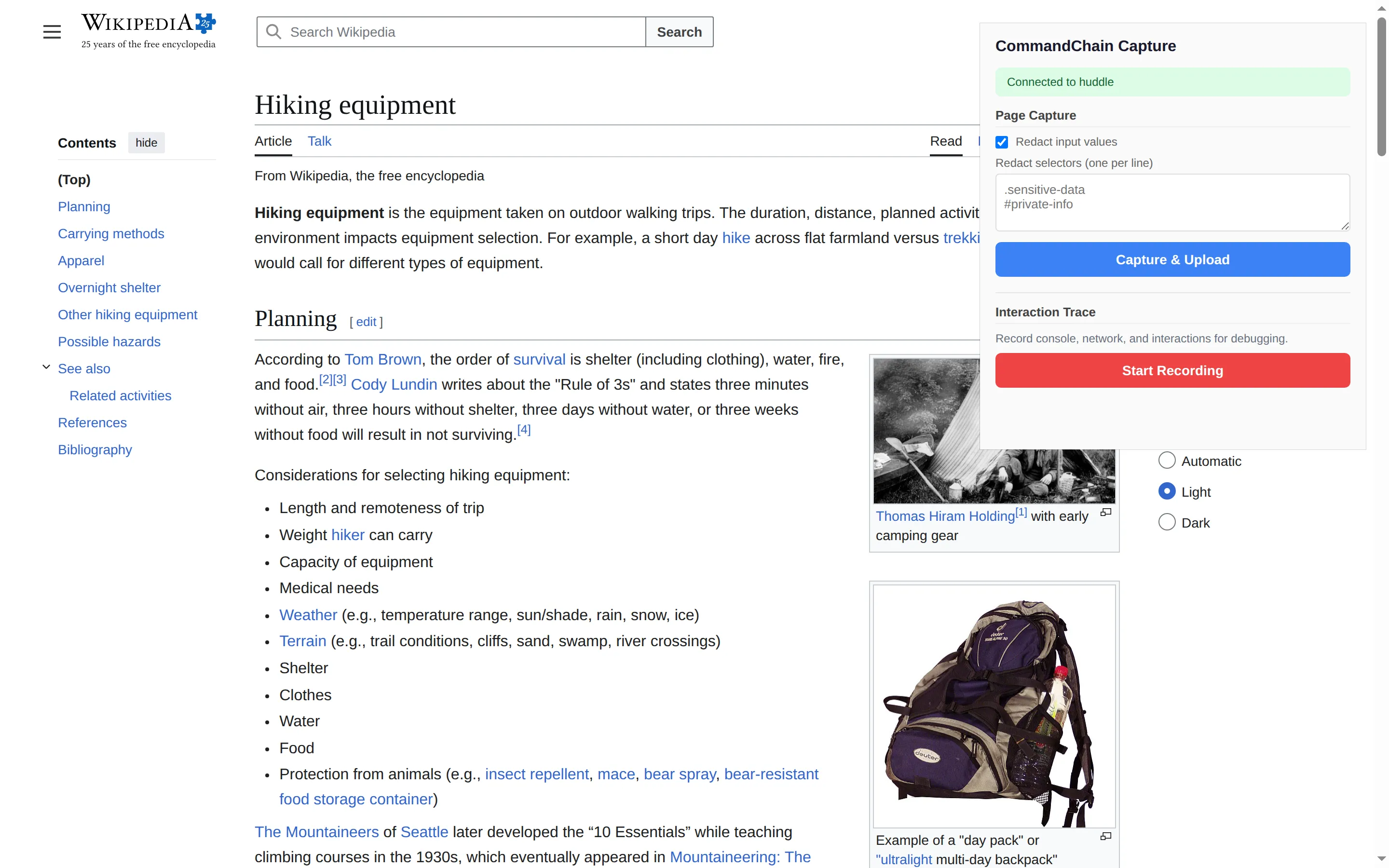 The extension popup over a public page, connected to the huddle, with the capture options showing.