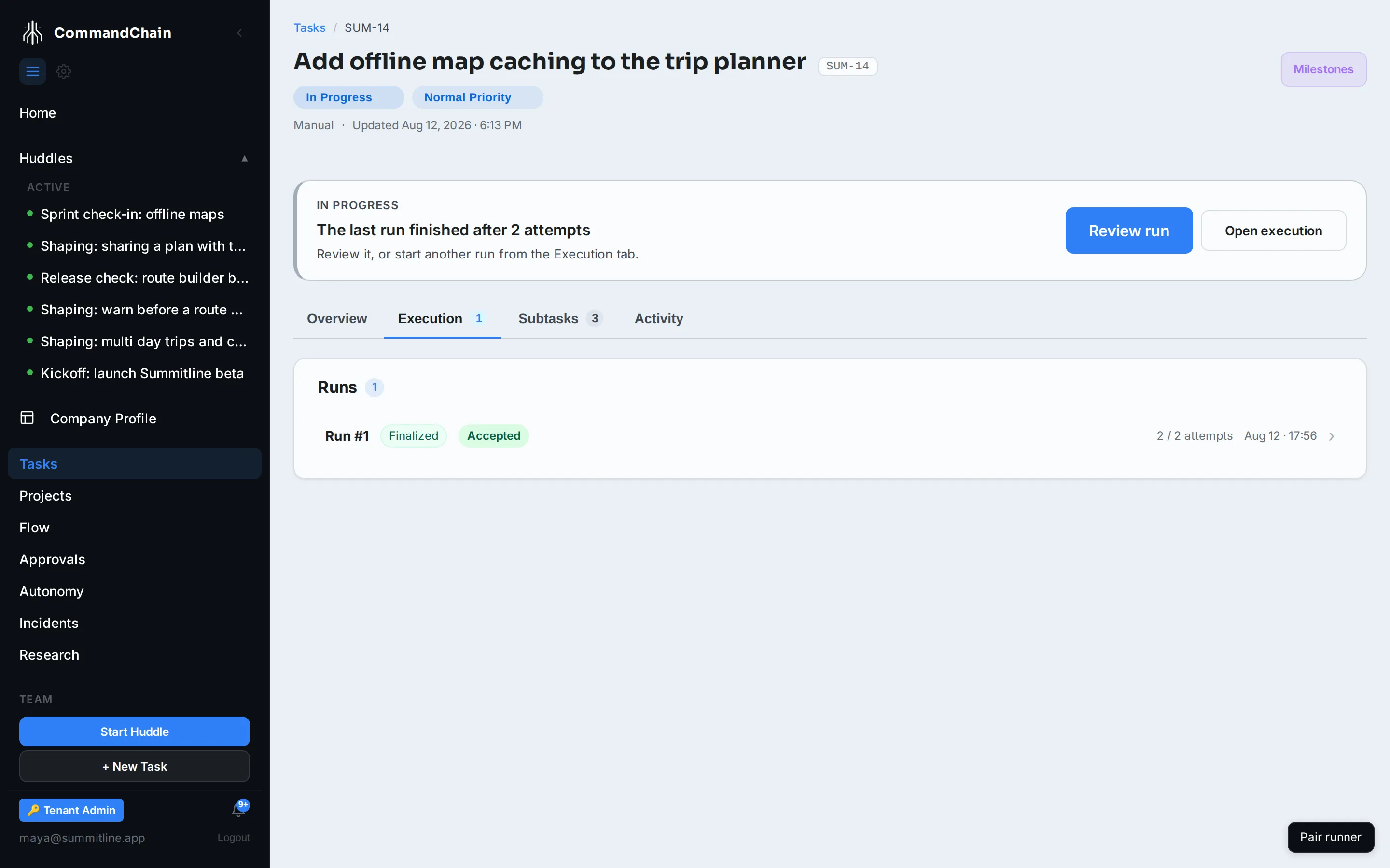 The Execution tab of task SUM-14, showing the run timeline as Rhea's agent works through the offline-maps task.