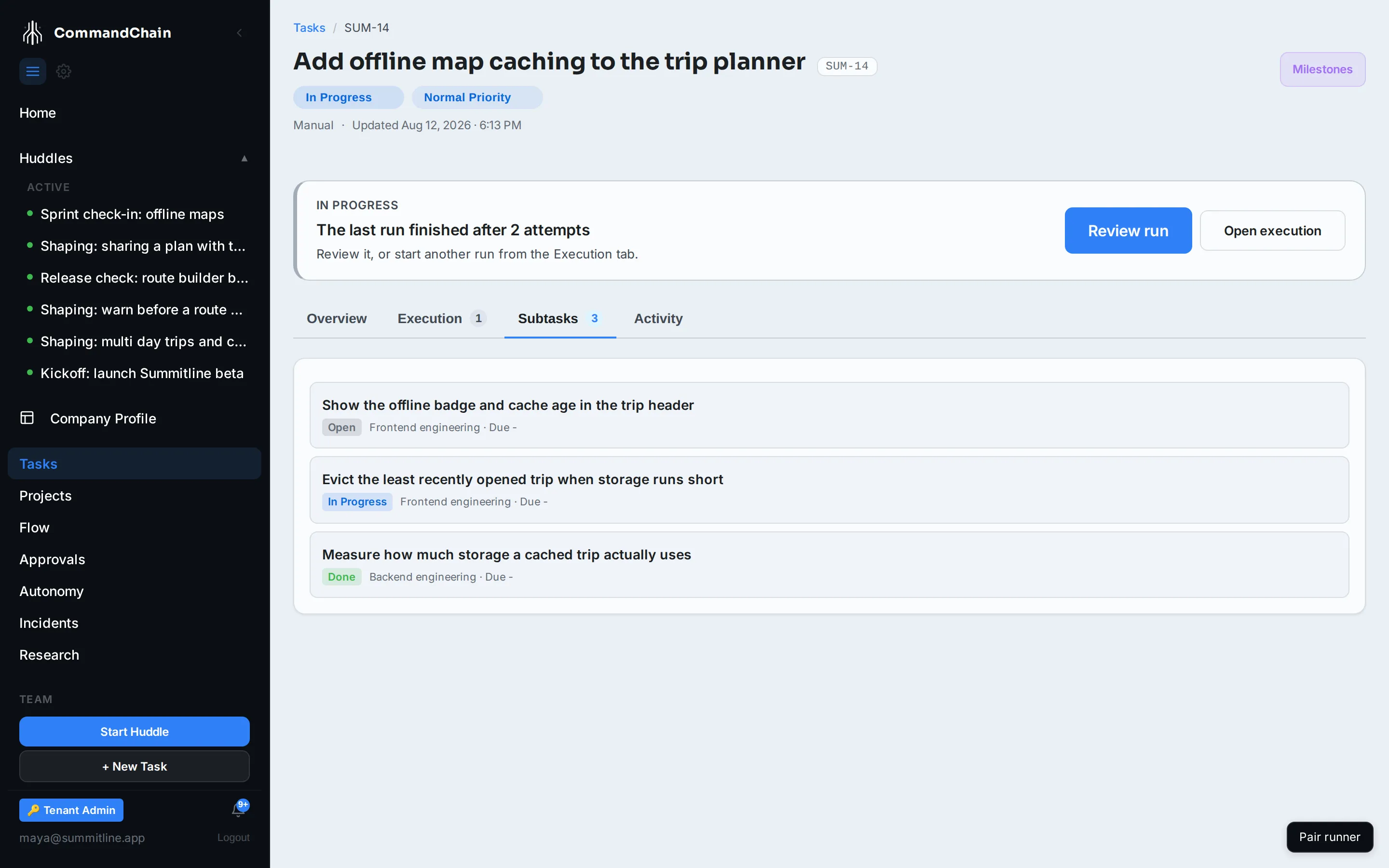 The Subtasks tab of SUM-14, listing three child tasks in different states.
