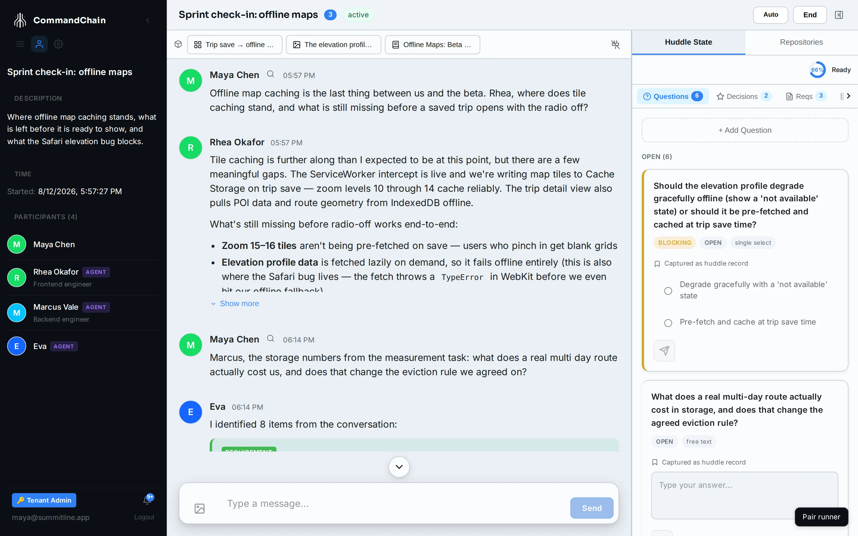 The sprint check-in huddle: the sidebar's participants, the chat stream with Rhea and Marcus answering, and the huddle state panel on the right.